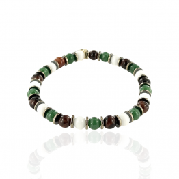 bracelet with white aulite stones, green agate, bull's eye