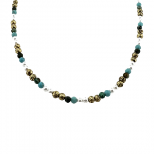 Necklace with Pearl and Turquoise stones, Gold lava stone