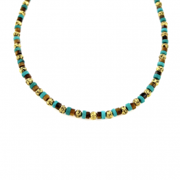 Necklace with tiger's eye stones, turquoise, gold lava stone