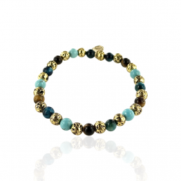 Elastic bracelet with lava stone gold, turquoise, light blue tiger eye stones
