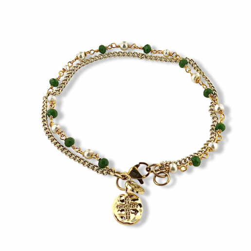 BRACELET CHAÎNE SWAROVSKI VERT - PERLES avec CROIX