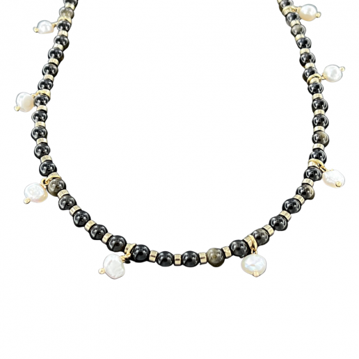 Obsidian and pearl necklace