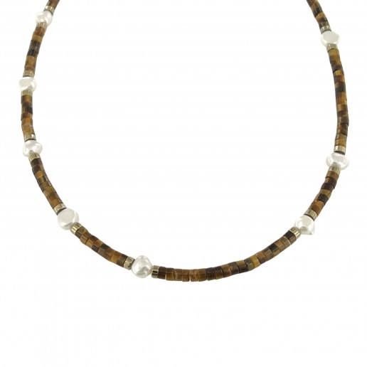Necklace Rondelle tiger eye, irregular pearl and hematite