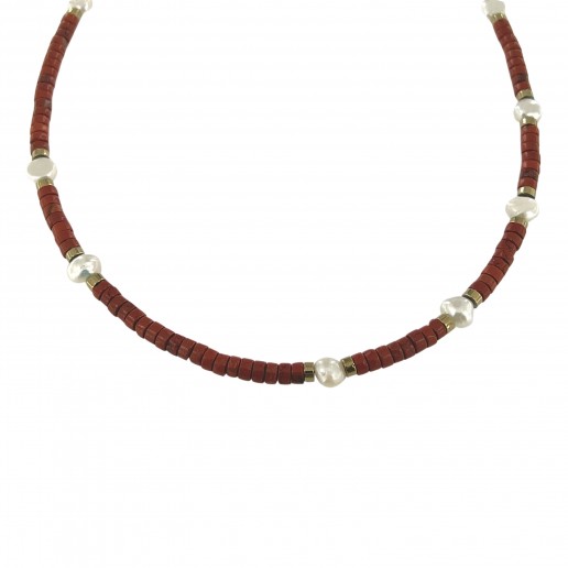 Coral Rondelle necklace, irregular pearl and hematite