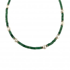 Rondelle green jade necklace, irregular pearl and hematite