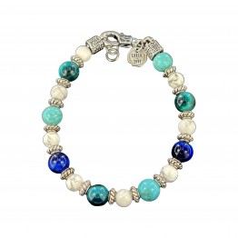 BLUE TIGER'S EYE, LIGHT BLUE TIGER'S EYE, TURQUOISE AND STRIPED AULITE BRACELET WITH SPACERS