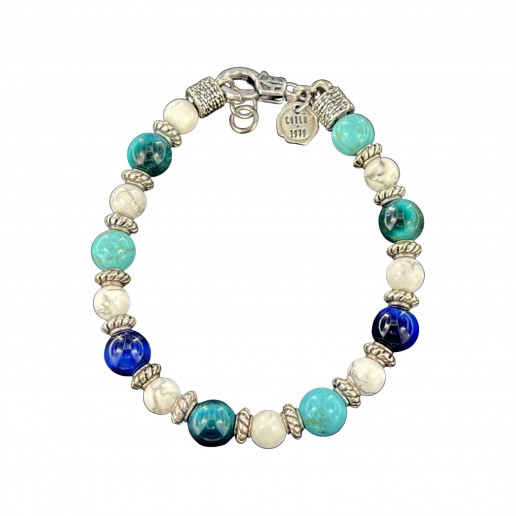 BLUE TIGERS EYE, LIGHT BLUE TIGERS EYE, TURQUOISE AND STRIPED AULITE BRACELET WITH SPACERS