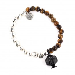Black pumo bracelet with silver nuggets and tiger's eye stones