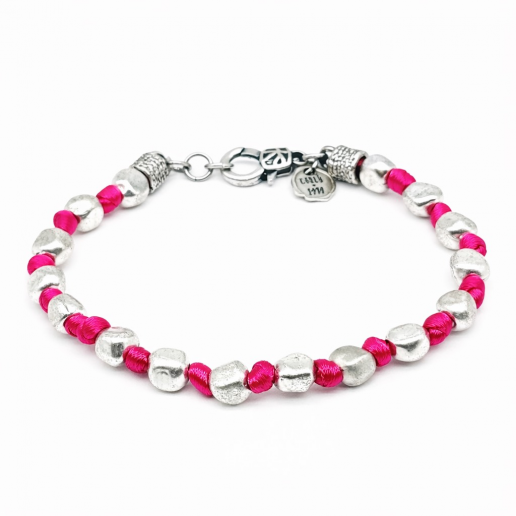BRACCIALE PEPITE ARGENTO FILO SETA FUCSIA