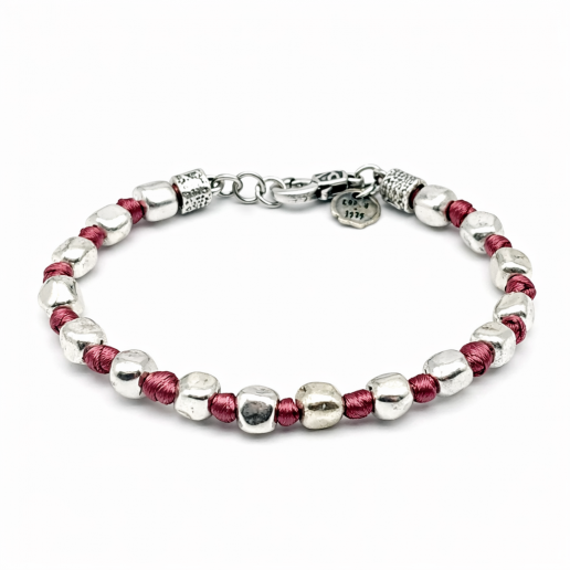 BRACCIALE PEPITE ARGENTO FILO SETA ROSA