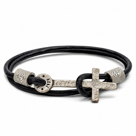 BRACCIALE CUOIO NERO - CROCE
