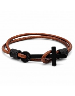BRACCIALE CON CUOIO MARRONE E CROCE