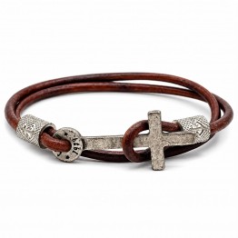 BRACCIALE CON CUOIO MARRONE E CROCE