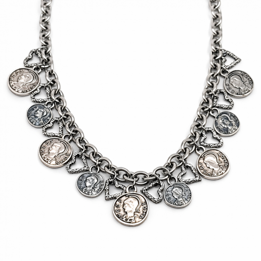 Ineinander verschlungene Halskette mit Münzen und Herzen