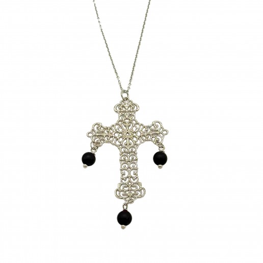 Filigree Cross Necklace with Satin Onyx Stones