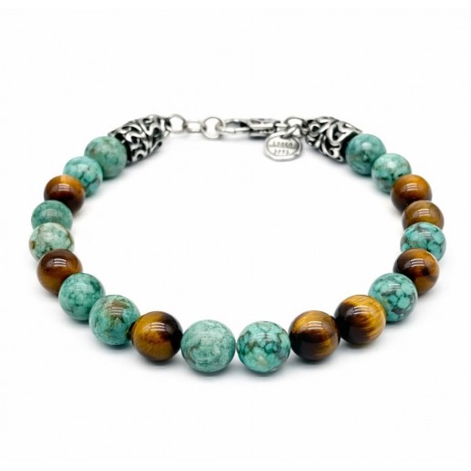 BRACELET EN TURQUOISE AFRICAINE ET OEIL DE TIGRE. 
