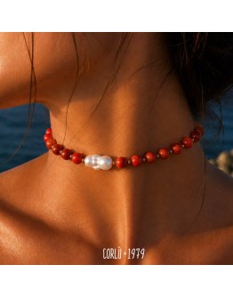Collana pietre corallo con perla barocca 