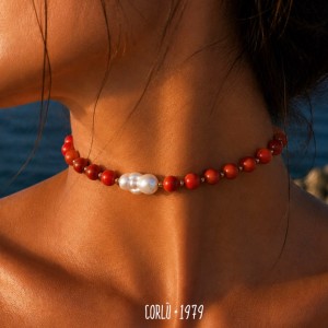 Coral Stone Necklace with a Baroque Pearl 