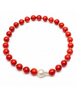 Collana pietre corallo con perla barocca 