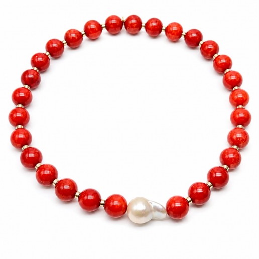 Collana pietre corallo con perla barocca