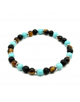 Bracciale Occhio di Tigre, Pietra Lavica, Turchese e dischetti 