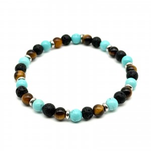 Bracciale Occhio di Tigre, Pietra Lavica, Turchese e dischetti 