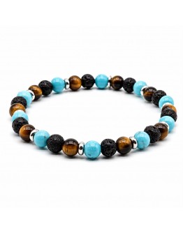 Bracciale Occhio di Tigre, Pietra Lavica, Turchese e dischetti 