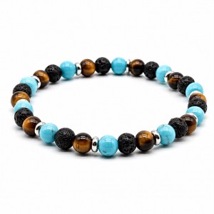 Bracciale Occhio di Tigre, Pietra Lavica, Turchese e dischetti 