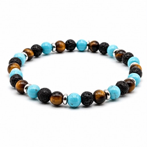 Bracciale Occhio di Tigre, Pietra Lavica, Turchese e dischetti Bracciale Occhio di Tigre, Pietra Lavica, Turchese e dischetti