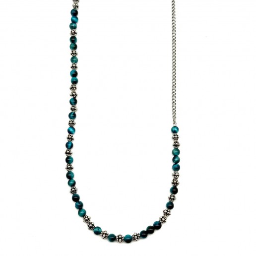 Collana Pietre Occhio di tigre light blu con elementi puntinati
