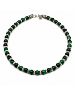 Collana pietre occhio di tigre verde e distanziatori lavorati