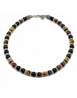 Collana pietre occhio di tigre multicolor e distanziatori lavorati