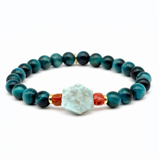 Bracciale Pietre Occhio di Tigre Light Blue, corallo e Larimar Irregolare Esagonale