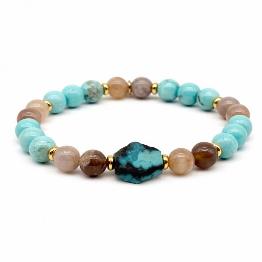 Bracelet Aulite Turquoise, Fossil Agate and Hexagonal Chrysocolla Stones
