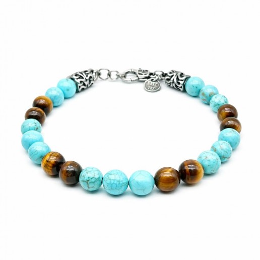 BRACELET RAYÉ EN TURQUOISE ET OEIL DE TIGRE