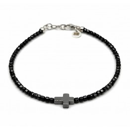 Bracciale pietre spinelli neri con croce