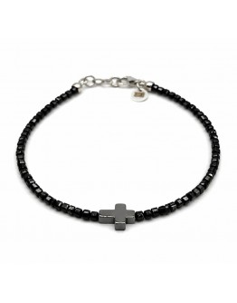 Bracciale pietre spinelli neri con croce