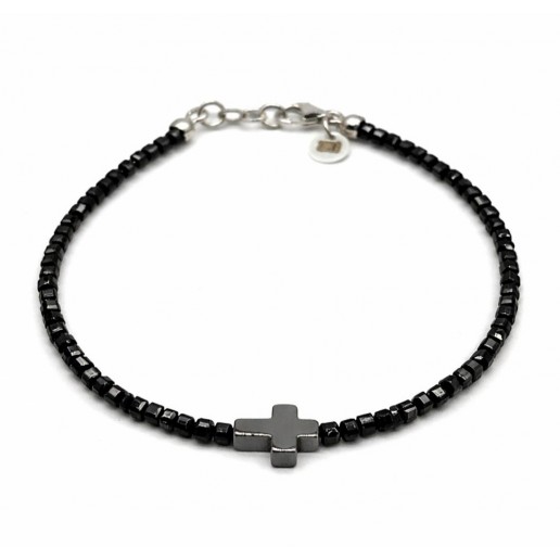 Bracciale pietre spinelli neri con croce