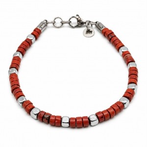 BRACCIALE PIETRA CORALLO E EMATITE ARGENTO 