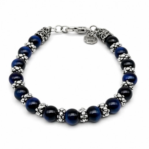 BRACELET OEIL DE TIGRE BLEU avec éléments en pointillés