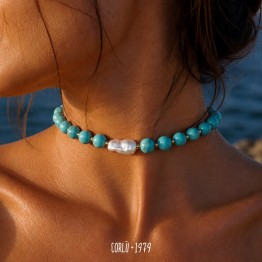 Aulite and Turquoise Stone Necklace with a Baroque Pearl 