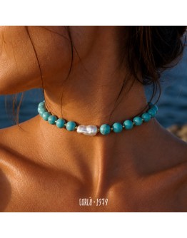 Collana pietre aulite turchese con perla barocca 