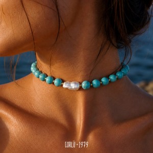 Aulite and Turquoise Stone Necklace with a Baroque Pearl 