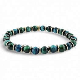 Elastic bracelet with green and light blue tiger eye stones