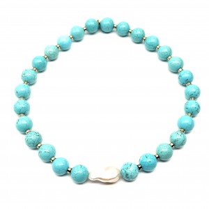 Aulite and Turquoise Stone Necklace with a Baroque Pearl 