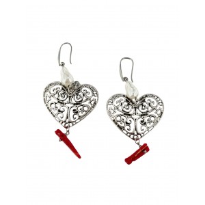 Orecchini Cuore in Filigrana con Perla e Corallo 