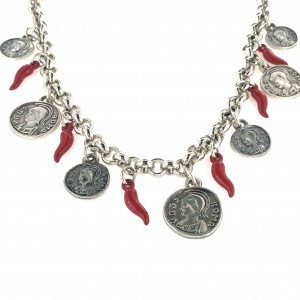 Roman coins necklace with horns