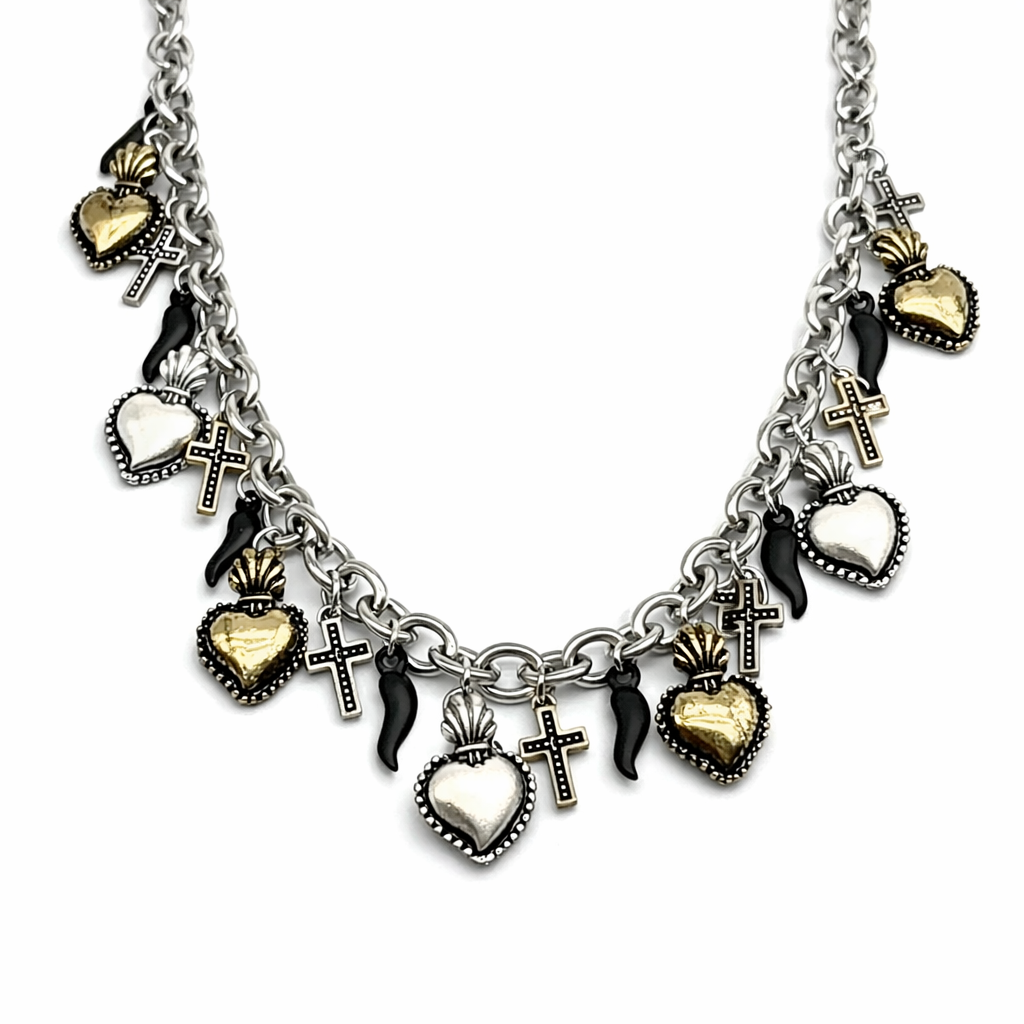 Collana Sacro cuore con croci e cornetti